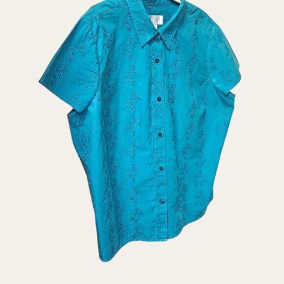 CJ BANKS Plus Size Teal/Green Short Sleeve Open Knit blouse. - Picture 6 of 15